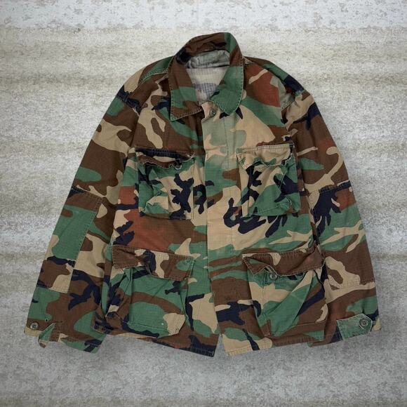 Vintage Military Woodland Camo Tactical Button Up Shirt Large Regular 90s
